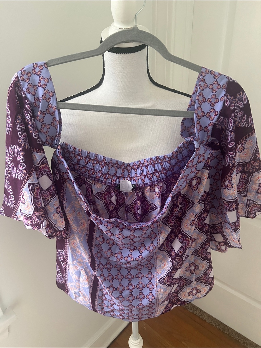 Venus Purple Patterned Puff-Sleeve Off-Shoulder Top
